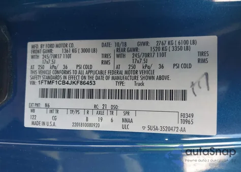 2018 Ford F150 Xl from USA, damaged, VIN 1FTMF1CB4JKF86453